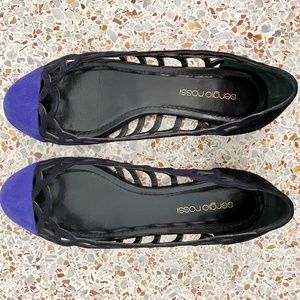 Sergio Rossi Blue Suede Leather Scalloped Cutout Flats, Size 6 (US), 36 (IT)